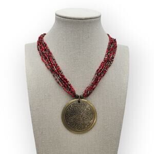 Red Beaded Multi-Strand Medallion Necklace – Ornate Boho Statement